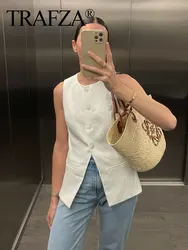 TRAFZA 2024 New Female Vest White O-Neck Sleeveless Slim Single Breasted Women's Tops Pockets Wild Woman Waistcoat Top Trendy