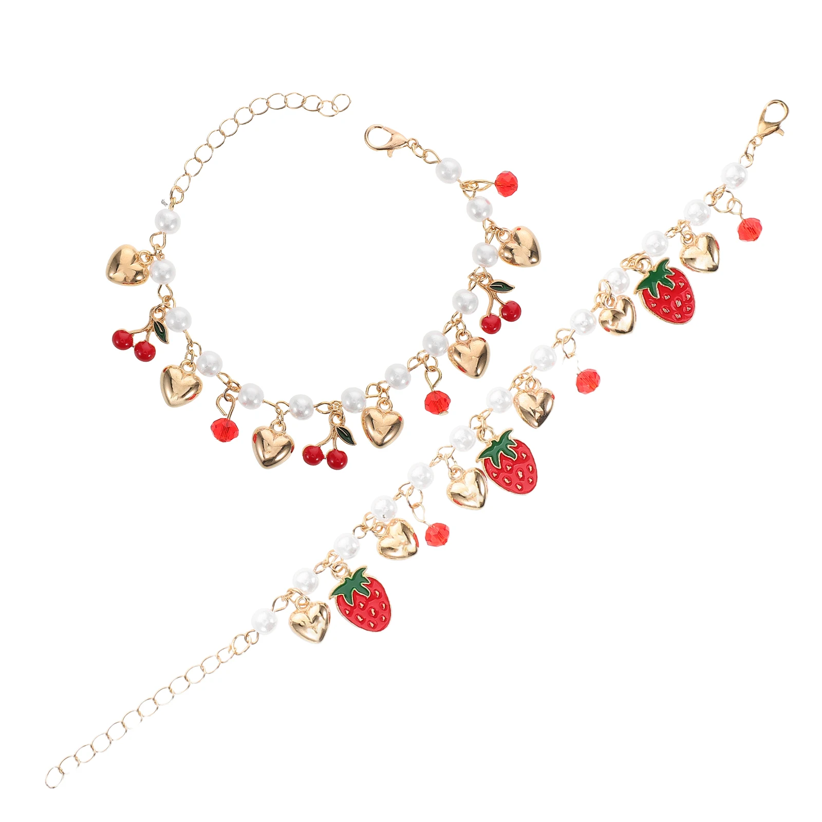 

2Pcs Pearl Heart Strawberry Bracelet Alloy Elegant Ladies Unique Wrist Chains Casual Formal Wear Women Jewellery