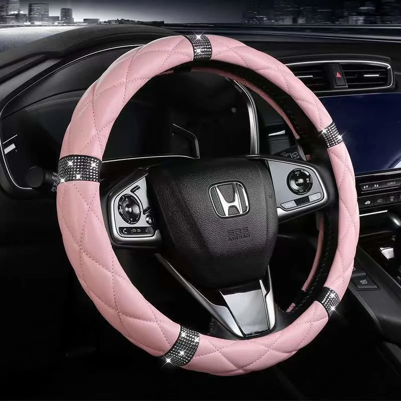 

Pink Car Steering Wheel Cover Rhinestone Leather Auto Accessories Universal 15 Inch For Women Summer Handle Protective Case 38CM