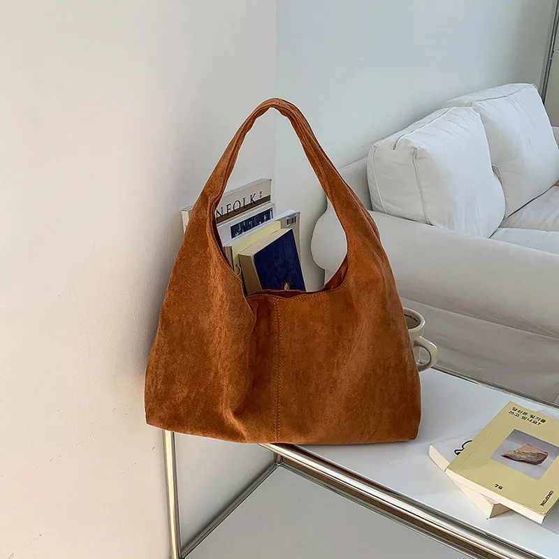 New retro trends Fall faux suede women's tote bag casual simple design neutral minimalist style sle commuter large shopper walle