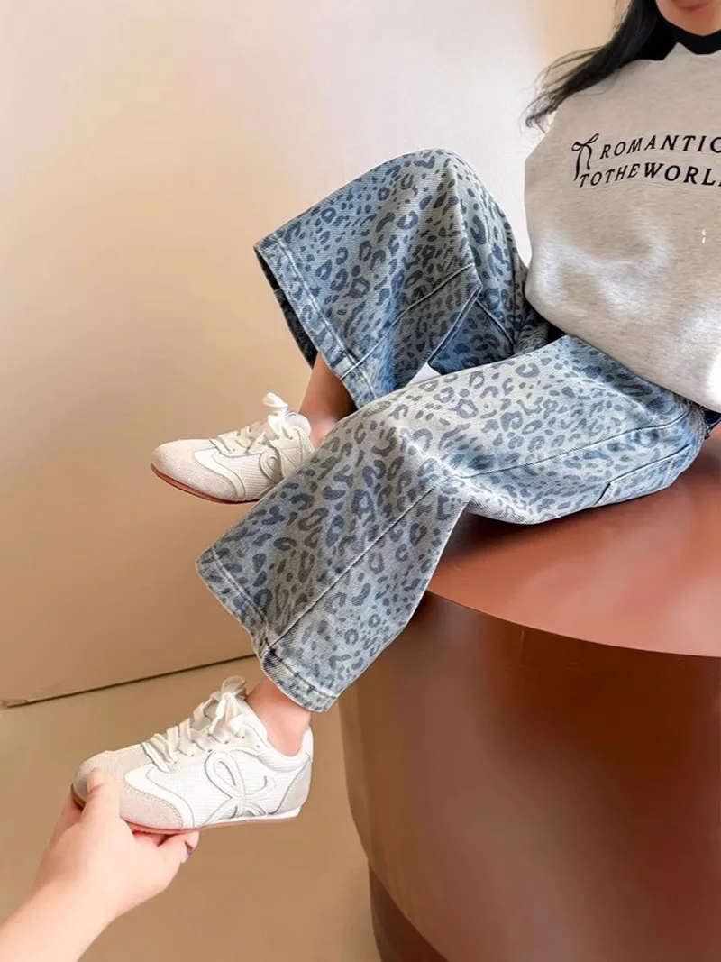 MILANCEL New Autumn Kids Jeans 2-6T Cute Leopard Print Girls Wide Leg Pants Loose Korean Version Children Fashion Straight Pants