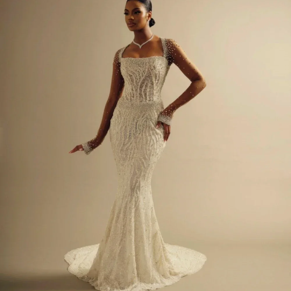 

Vintage Mermaid Wedding Dress Square Neck Long Sleeves Bridal Gowns Sequins Crystal Detachable Train Dresses Customized robes