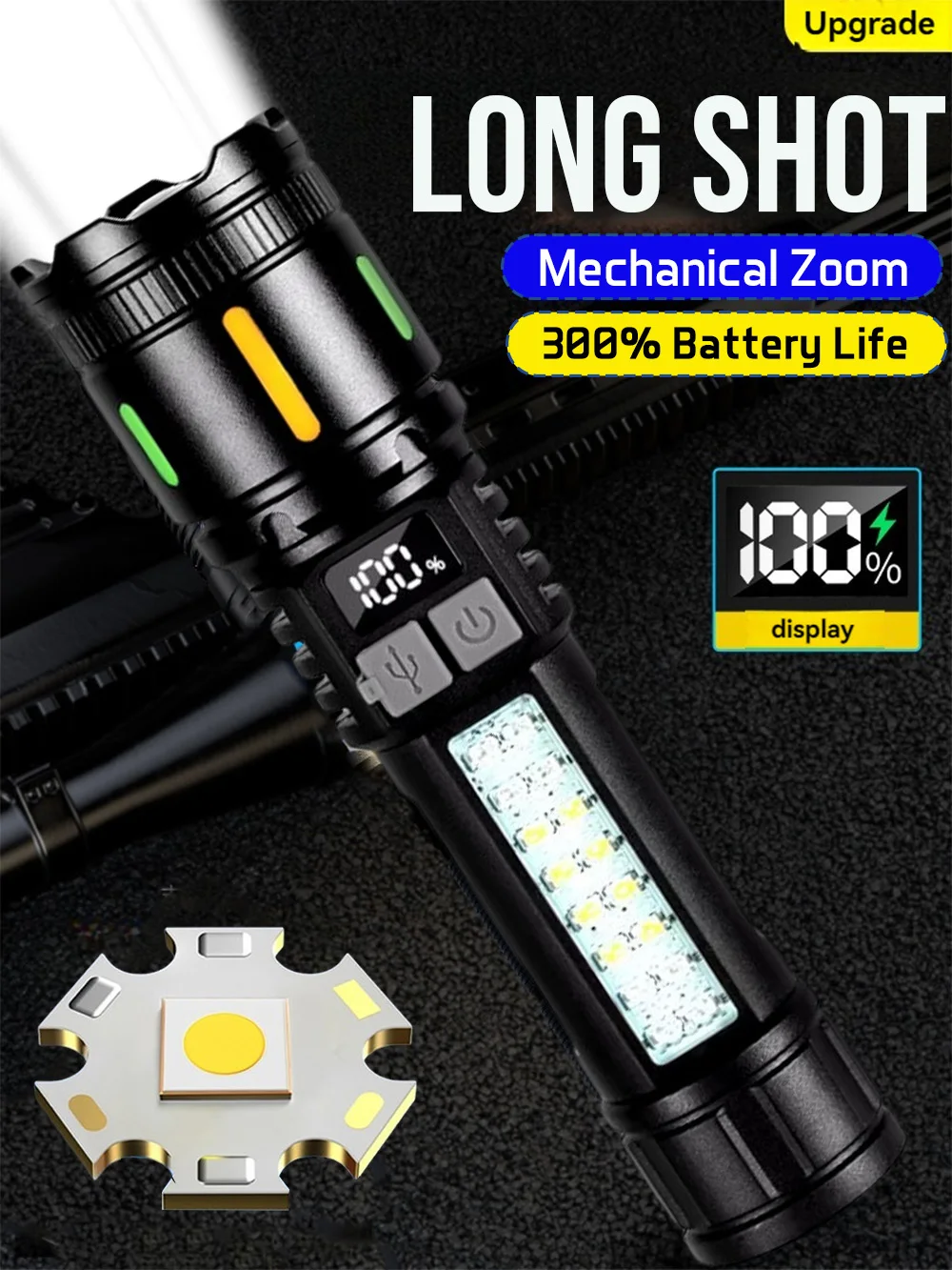 

Super Bright Long Range LED Flashlight Tactical Light Power Display USB Rechargeable Light Telescopic Zoom Torch Camping Lantern