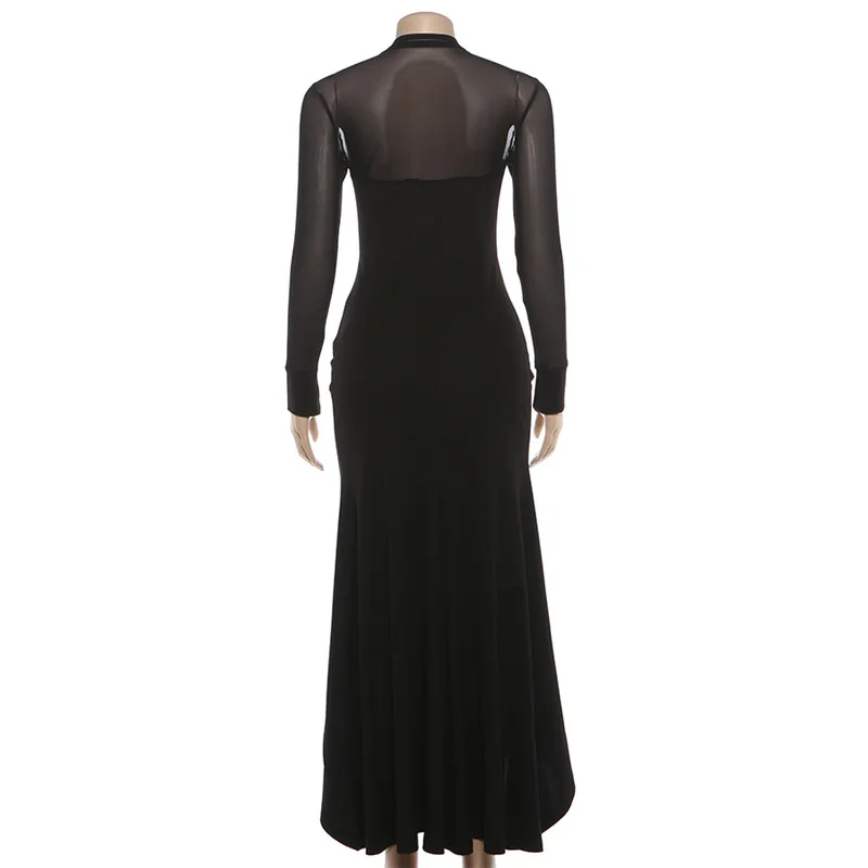 انظر من خلال شبكة المرقعة Ruched غير المتكافئة حورية البحر ماكسي فستان الحفلات المرأة موضة س الرقبة كم كامل سليم عيد ميلاد رداء طويل