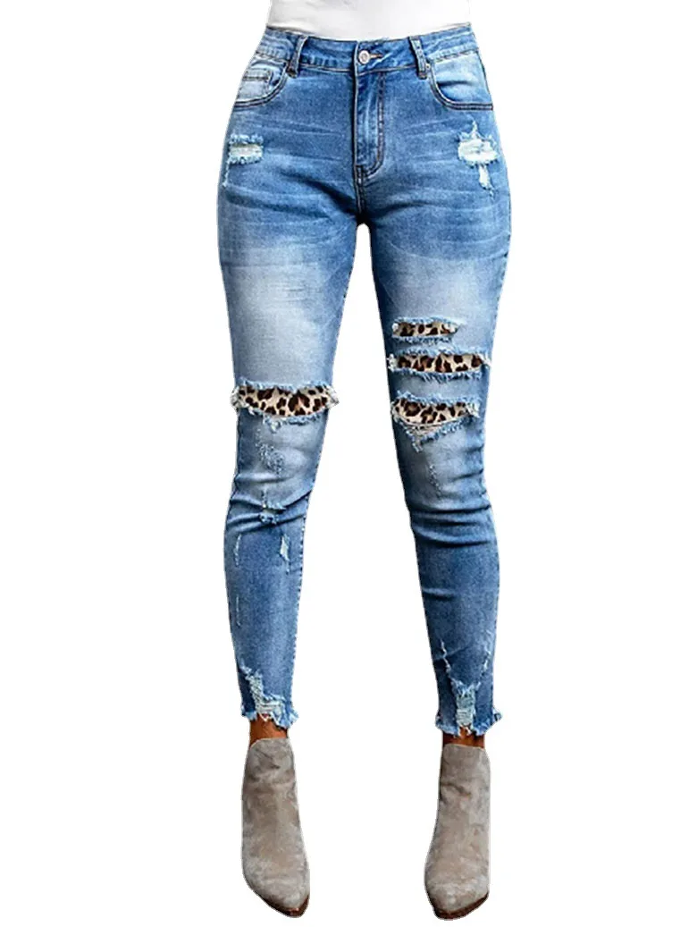 Fashion Women's Trend Leopard Print Stitching Jeans Casual Commuting All-match Skinny Denim Trousers Female and Lady Pants