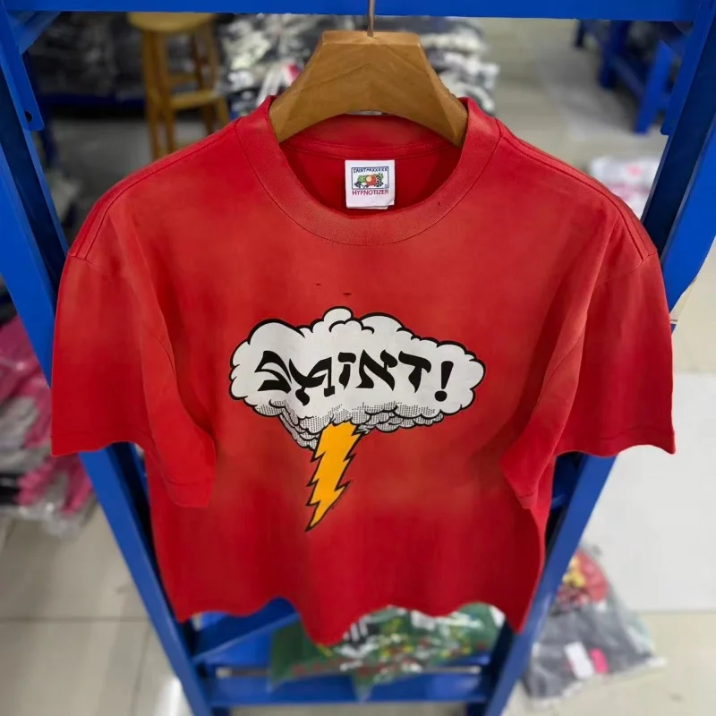 26FW Orange Lightning Letter Digital Print Round Neck Retro Round Neck Distressed Men's Women's SAINT T-shirt