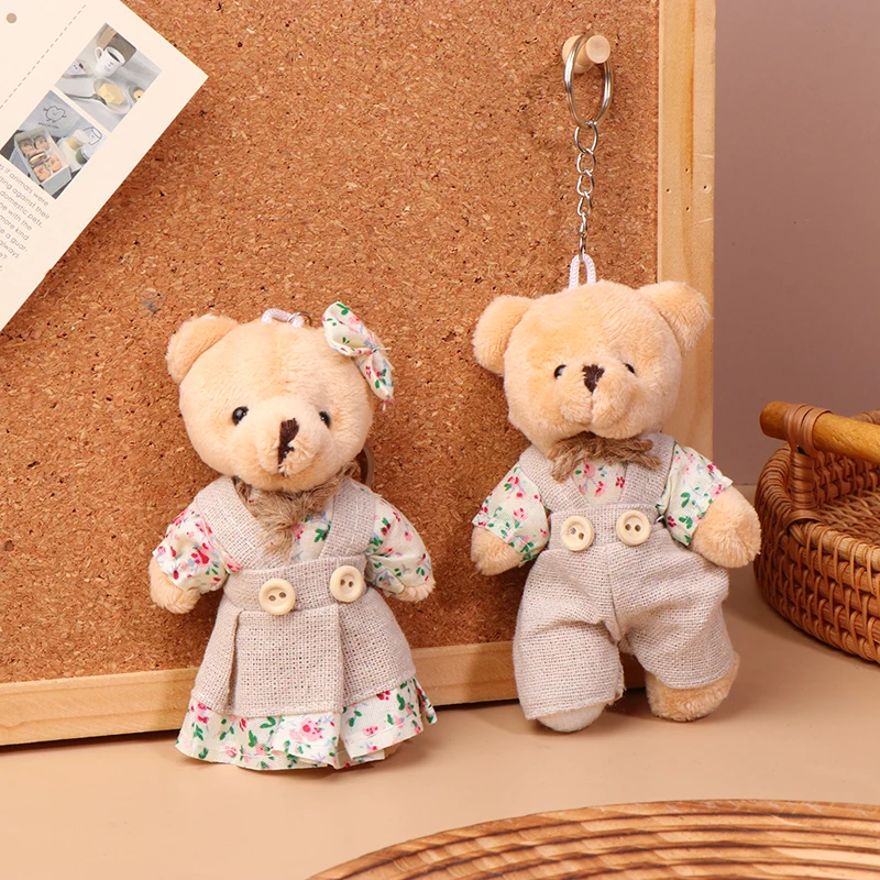 Couple Bear Plush Toy Keychain Cartoon Floral Cloth Bears Soft Stuffed Doll Pendant Car Key Ring Backpack Bag Decor Xmas Gift