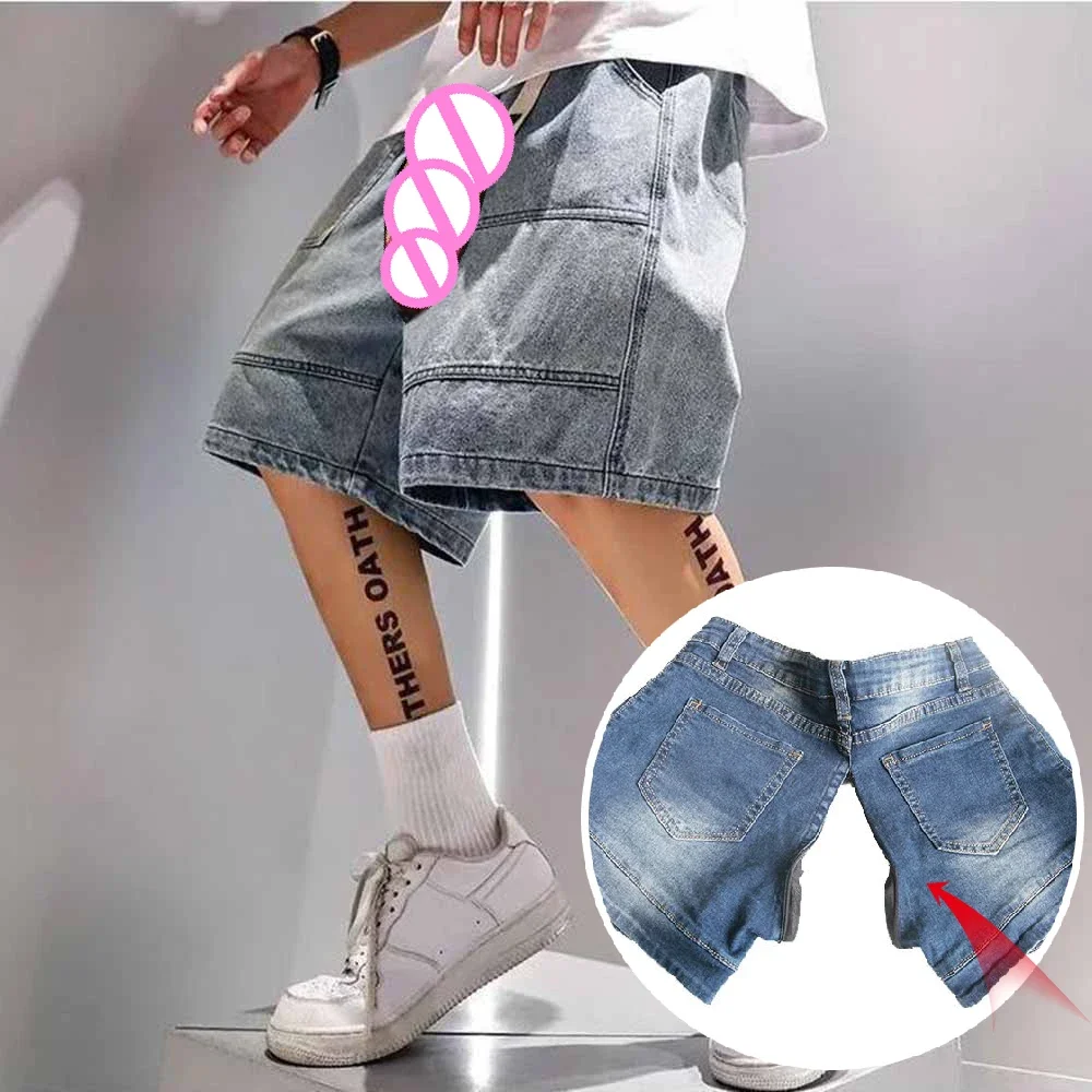 5 Points Trousers Trendy Baggy Denim Shorts Men's Invisible Open Crotch Outdoor Sex Summer Leisure Jeans Cargo Pants Streetwear