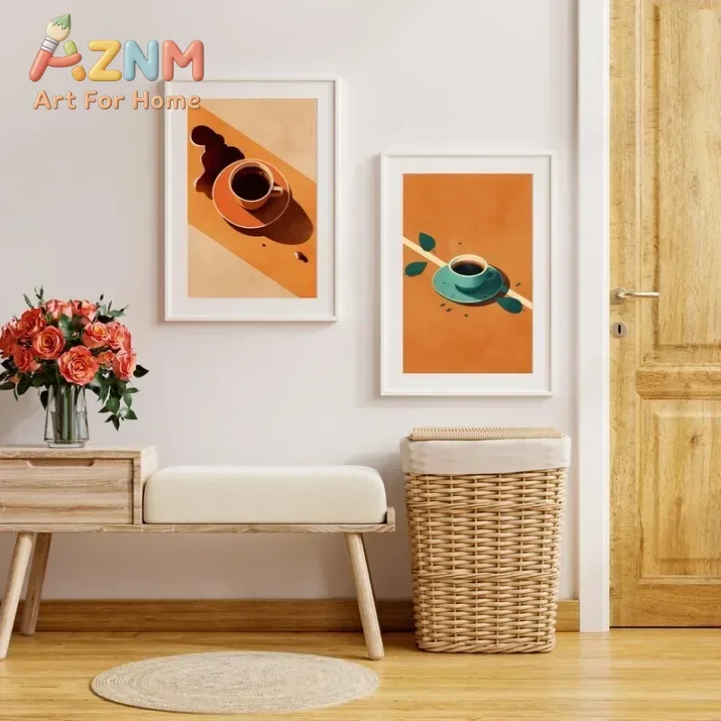 AZNM Retro Coffee Cup Canvas Wall Art Latte Espresso Geometric Warm Tone Poster Kitchen Cafe Dining Room Home Decor Unframed Can
