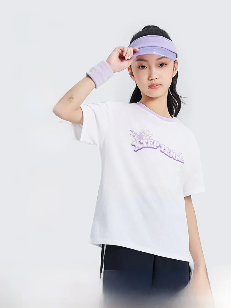 xtep-キッズサマーコットン-tシャツ-通気性のあるラウンドネックプルオーバースポーツウェア-女の子用-快適な半袖カジュアルウェア