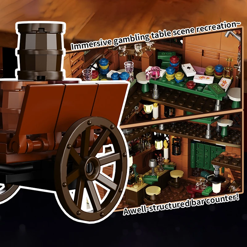 1902 Pieces Western Cowboy Bar Building Blocks LED Light up Construction Bricks Plastic Model Creative Home Decor Gift