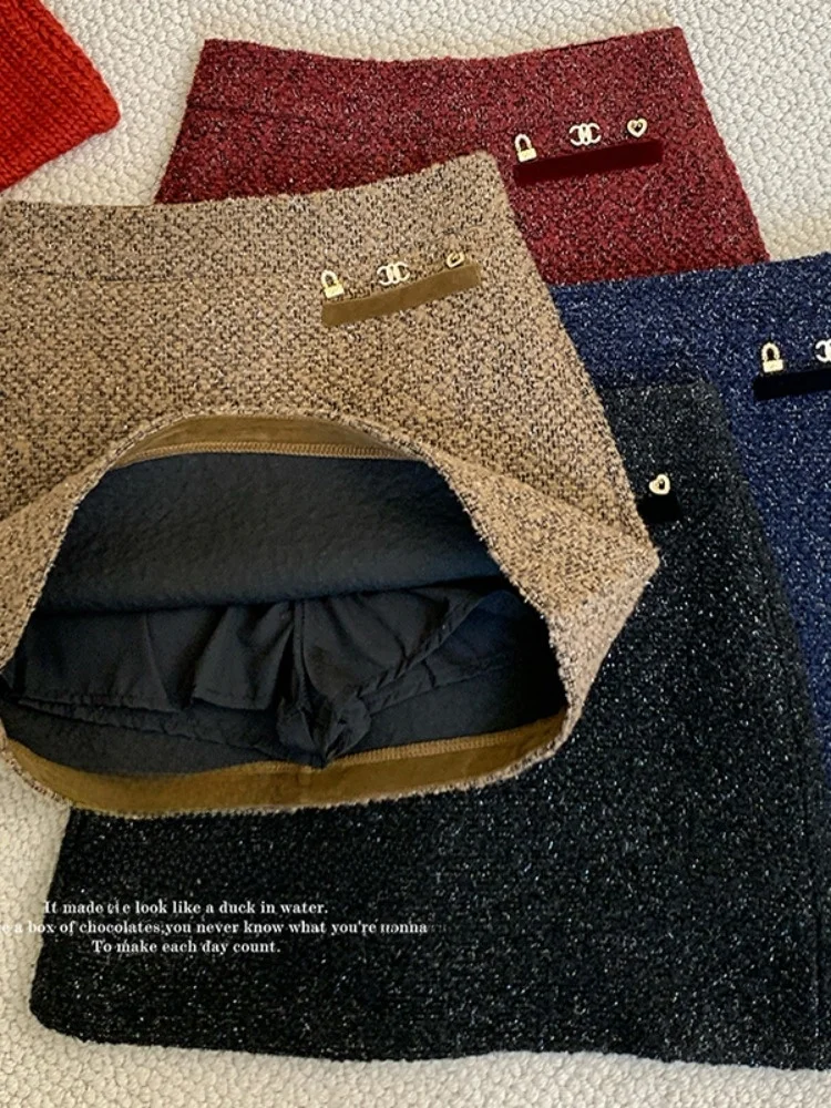 

Красная твидовая юбка А-силуэта для женщин, осенне-зимняя новинка, укороченная, облегающая, скрывающая бедра, в корейском стиле, с высокой талией