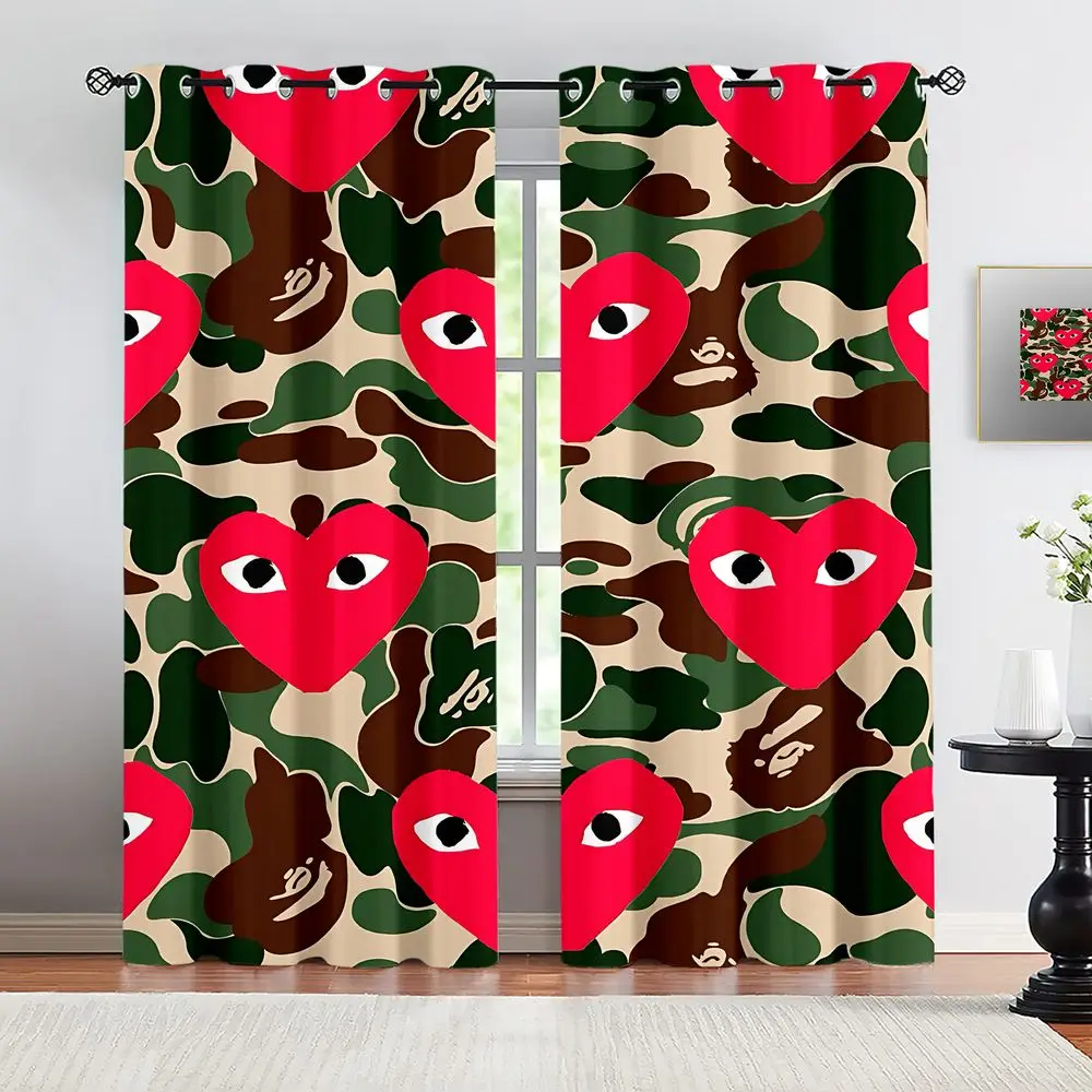 Camouflage Red Heart Eyes Printed Curtains 2 Panels Light Blocking Rate 85% Darkening Teen Room Window Decoration Curtains