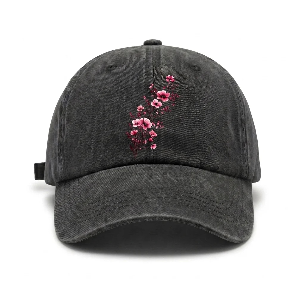 Vintage Washed Pink Blossom Branch Graphic Baseball Cap, Adjustable Unisex Dad Hat for Men and Women