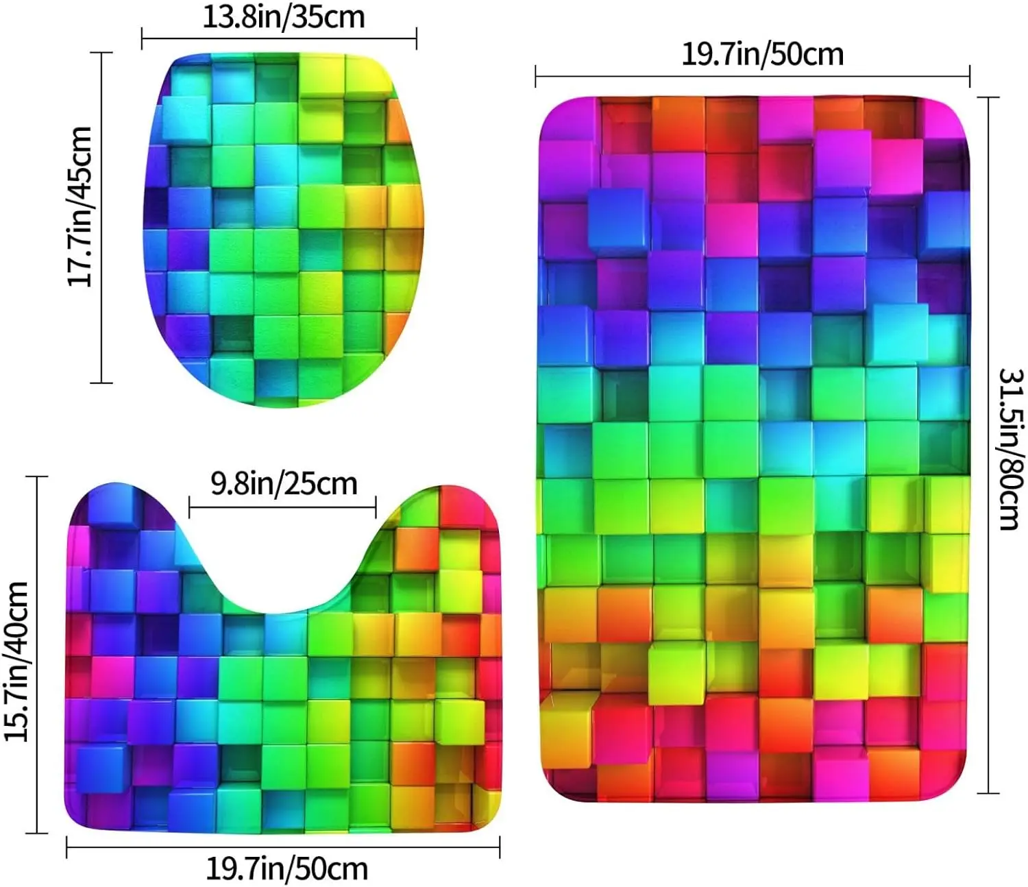Rainbow Checker Bath Mat Set – Colorful Grid 3-Piece Rug for Bathroom, Toilet Lid Cover & U-Shaped Pad, Non-Slip Washable