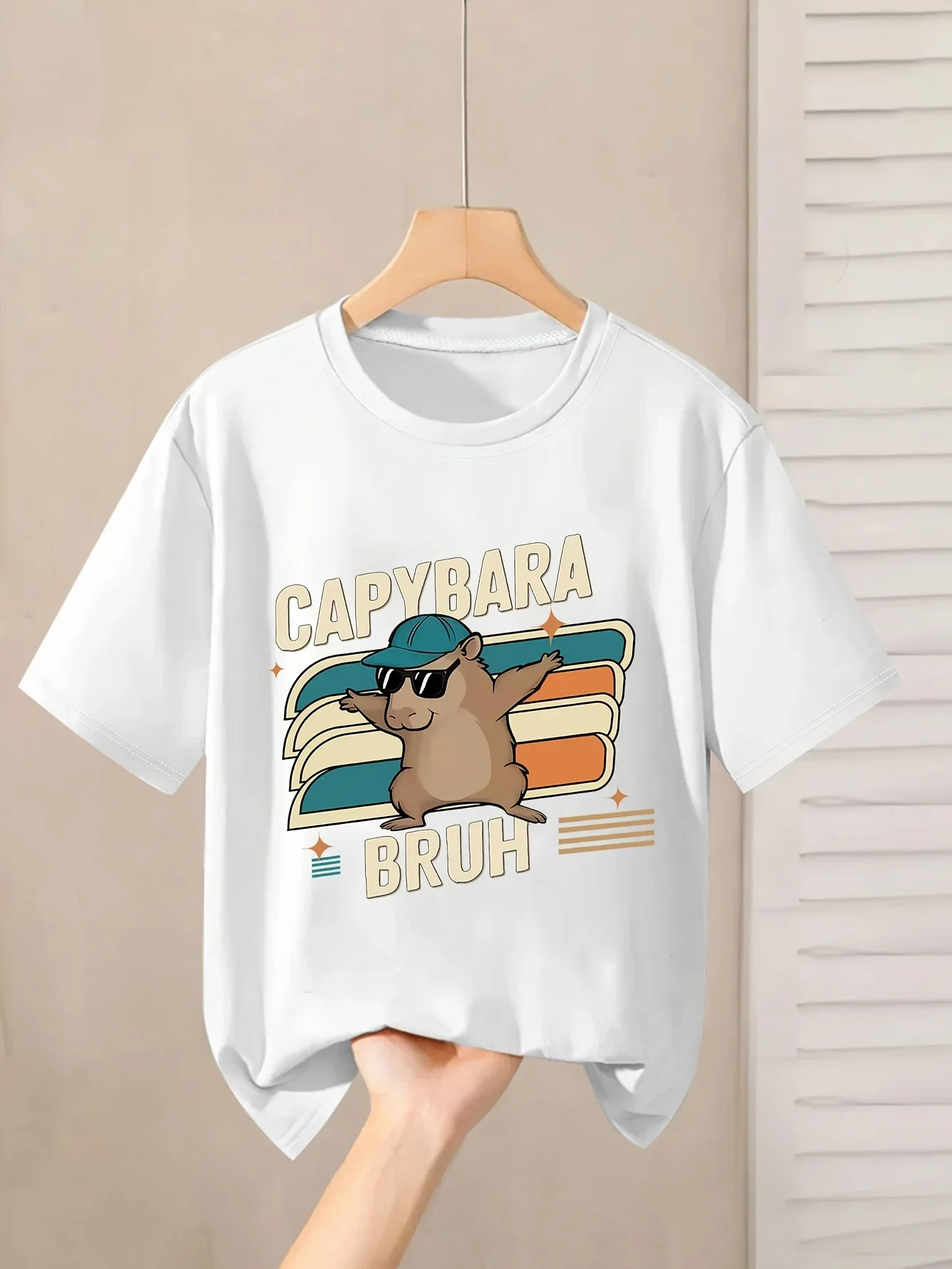 Brand Boys Girls Kids T-Shirt, Cute Capybara Print, Breathable Moisture Wicking, Crew Neck Short Sleeve Summer Streetwear Top