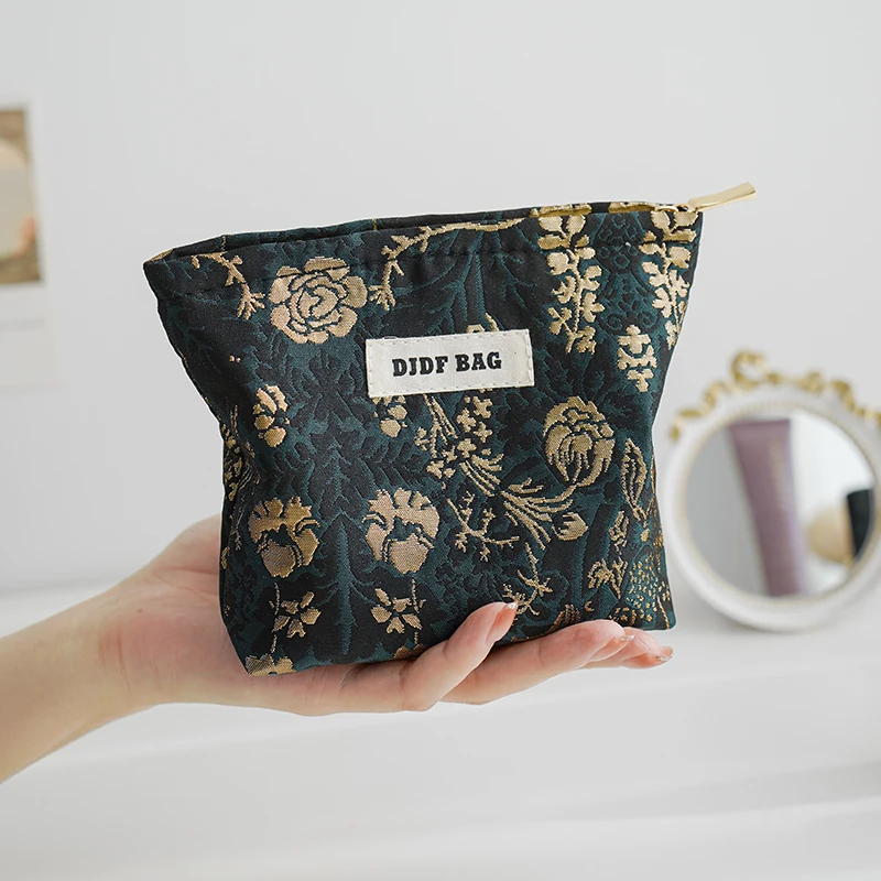 Women\'s Makeup Bag Small Dark Green Gold Large Capacity Lipstick Change Storage Bag Commuting Handy Hand Compact Coin Purse Ins