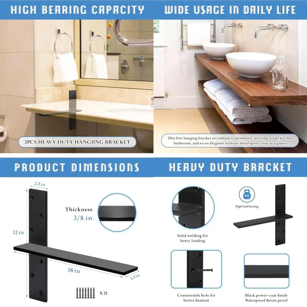 

Sturdy 3/8 Thick Floating Shelf Brackets, 3-Pack, 16x2.5, Ideal for Cabinets, Granite, Dishwashers, and More