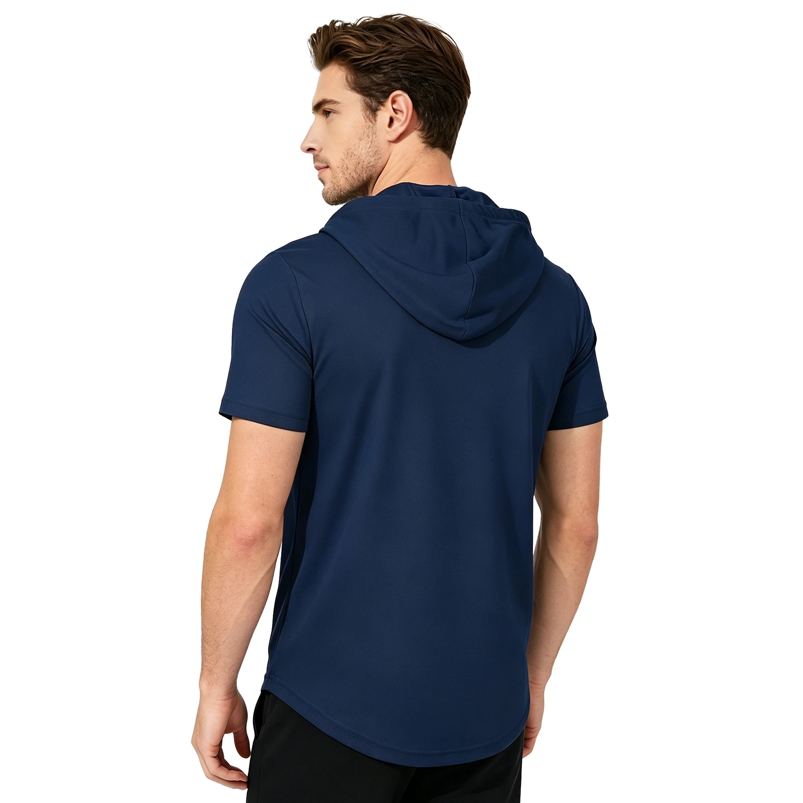 Mens Drawstring Hooded T-shirt Short Sleeve Zipper Pullover Tops Moisture-wicking Athletic Tops for Workout Fitness Running