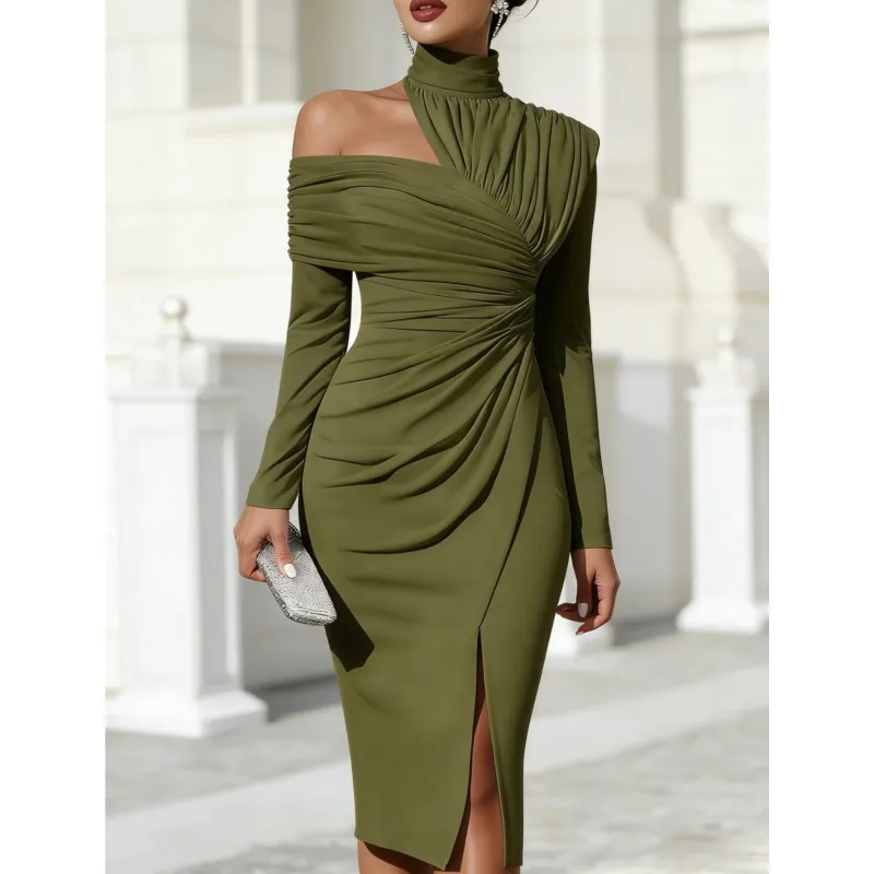Elegant Party Prom Women's Midi Dress Fashion Solid Color Temperament High Waist Dresses Lady Sexy Off Shoulder Design Vestidos