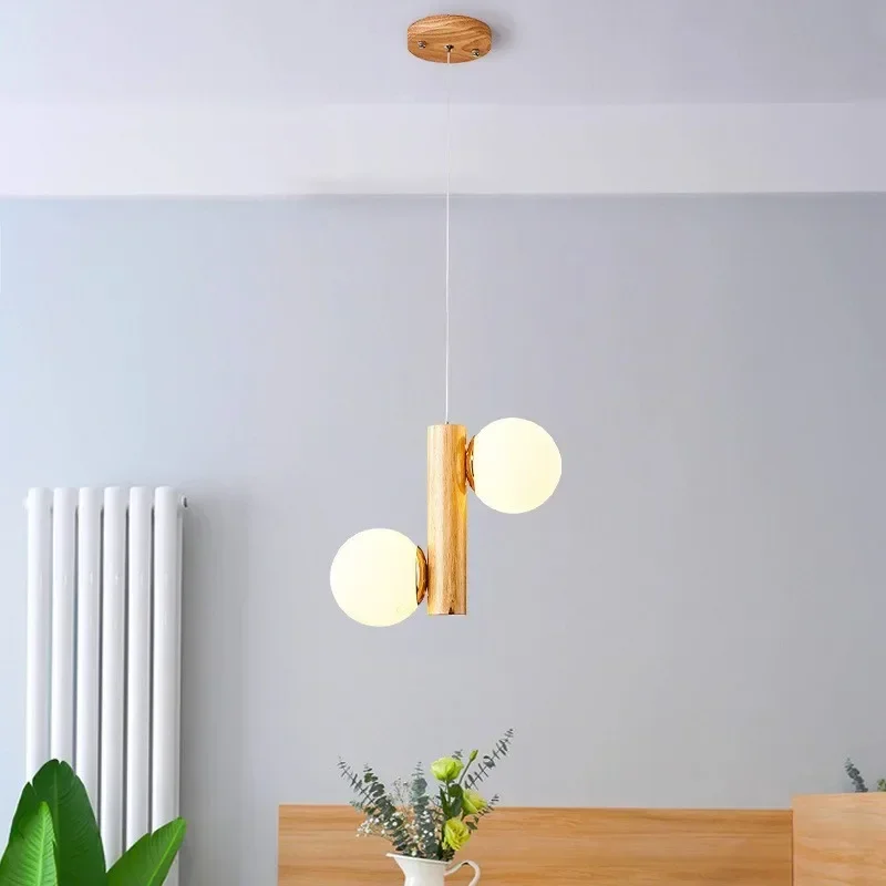 

SANDYHA Nordic Pendant Light White Magic Bean Solid Wood Glass Ball LED Chandelier for Bedroom Living Dining Room Home Decor