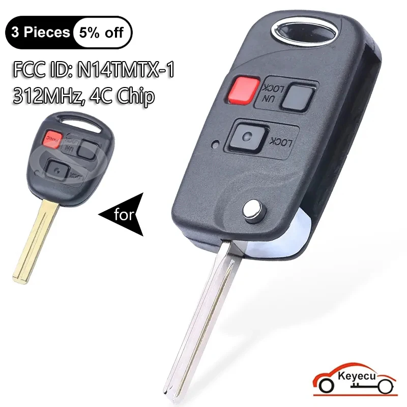 

KEYECU 3 Buttons 312MHz 4C Chip for Lexus RX300 1999 2000 2001 2002 2003 Auto Modified Flip Remote Control Key Fob N14TMTX-1