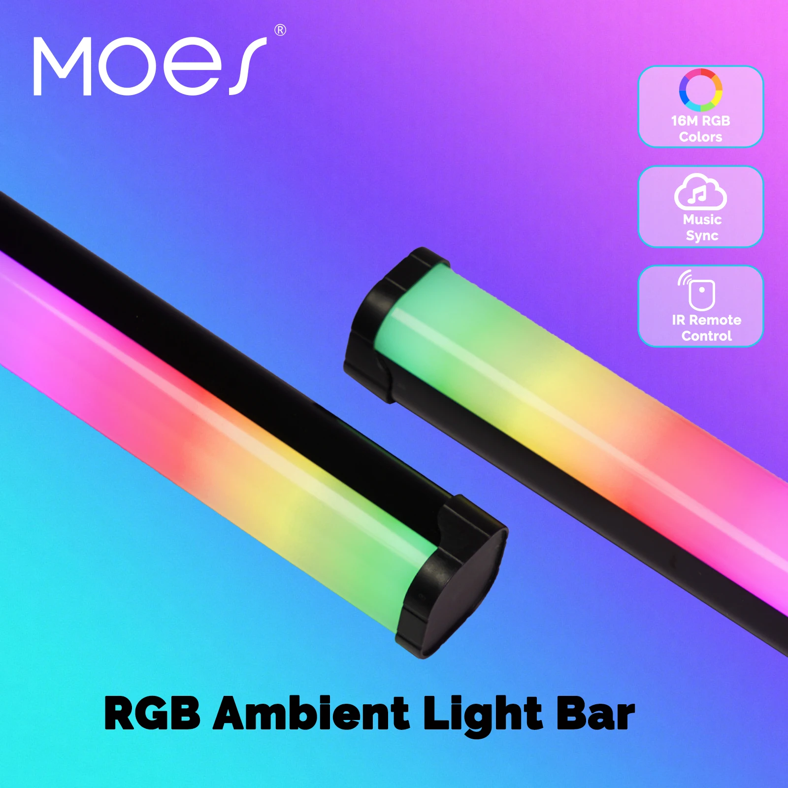MOES RGB LED Light Bar, Music Sync & IR Remote, PC Gaming Room Decor, USB-Powered Backlight for Desktop/Cabinet