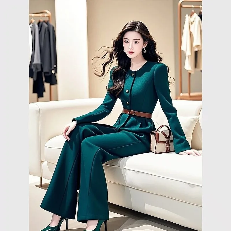จั๊มสูทผู้หญิงคุณภาพสูงใหม่สำหรับฤดูใบไม้ร่วงและฤดูหนาว แฟชั่นเอวสูงทรงเข้ารูป แขนยาว สีพื้น เรียบหรู กางเกงขายาวทรงกว้าง