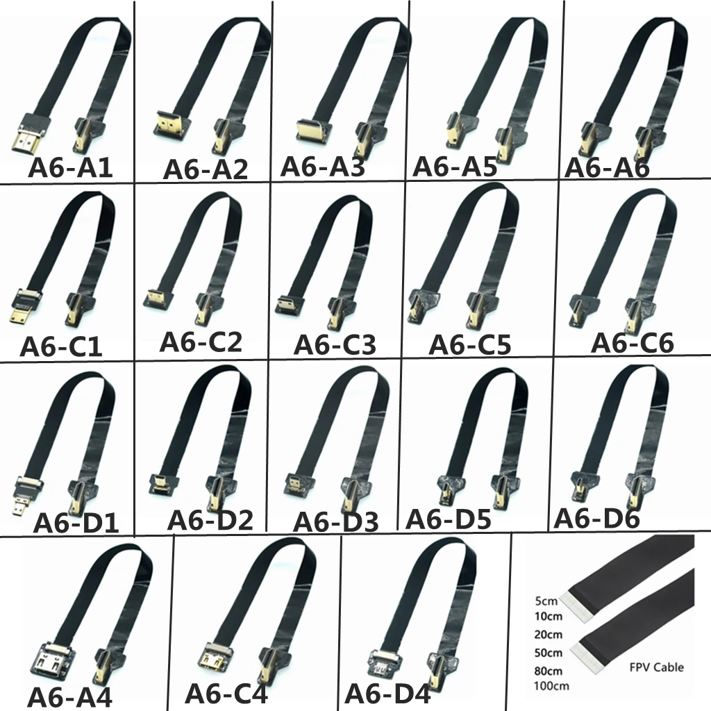 A6 FPV 마이크로 HDMI 호환 미니 HD 90 도 왼쪽 아래 어댑터, FPC 리본 플랫 HDMI 케이블 피치, 20 핀 플러그 커넥터, 5cm-100cm