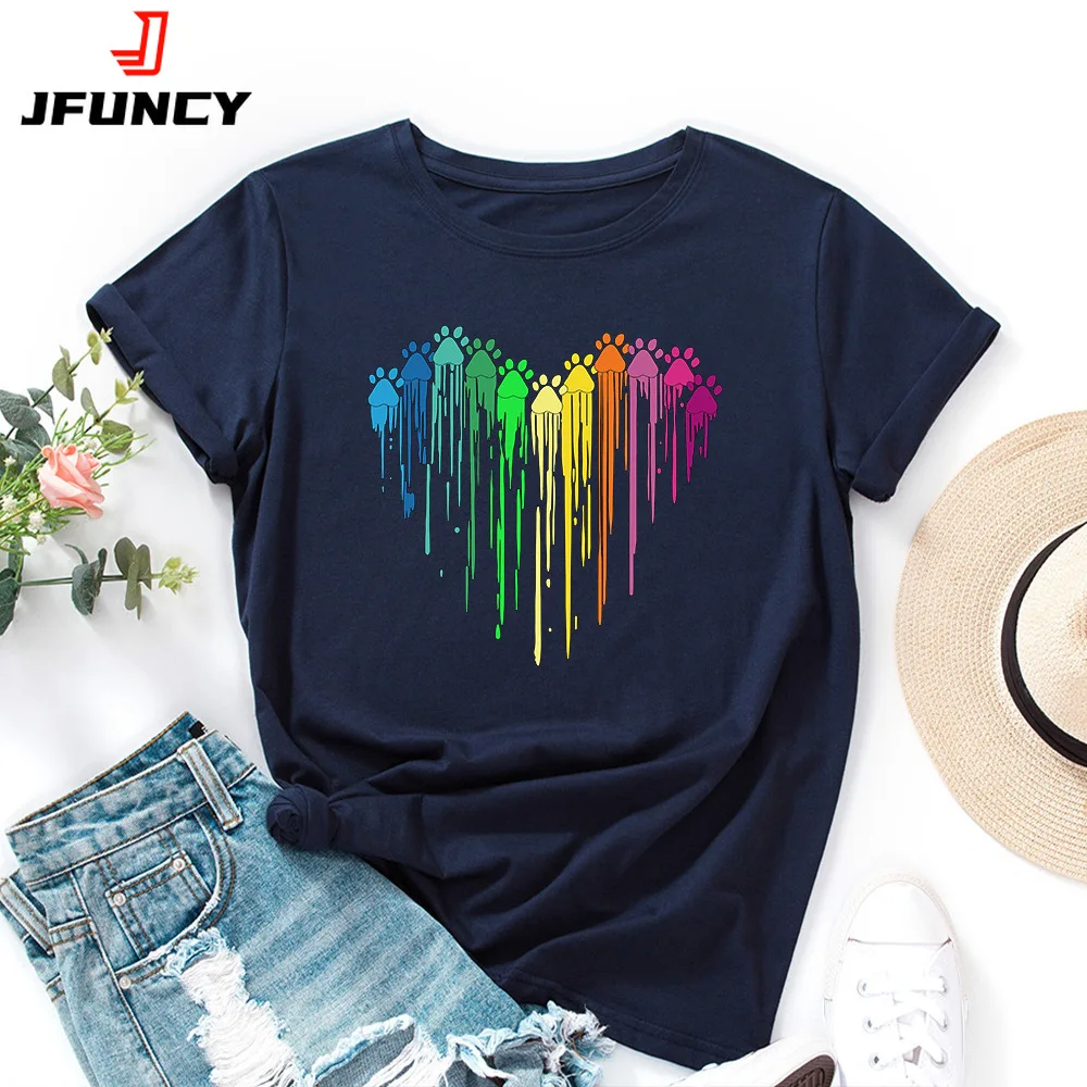 JFUNCY-Camiseta con estampado colorido para mujer, ropa de verano, Tops de algodón de gran tamaño, camisetas de manga corta 2024