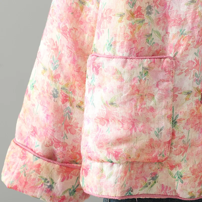 New Chinese Sle Women's Cotton Jaet Lightweight Printed Cotton Coat with Button Loose Fit Long Sve round Ne Winter Coat