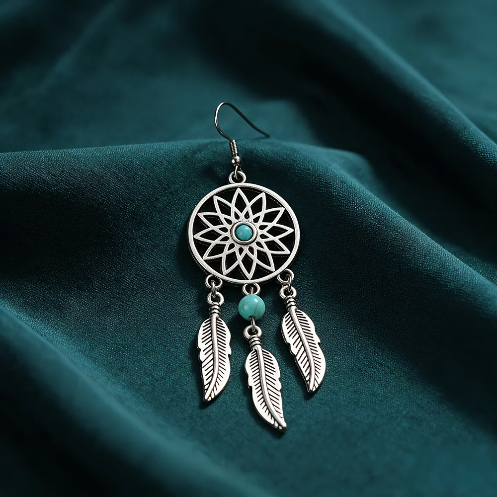 Vintage Dream Catcher Feather Earrings Bohemian Turquoise Bead Dangle Earrings Retro Ethnic Jewelry Gift for Women