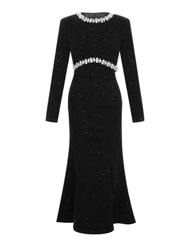 ชุดราตรีผู้หญิงสีดำ คอทรงโอ ทรงเข้ารูป ปลายหางปลา ยาว หรูหรา สง่างาม แฟชั่นสำหรับงานปาร์ตี้ งานพรอม ชุดเดรสออกงาน