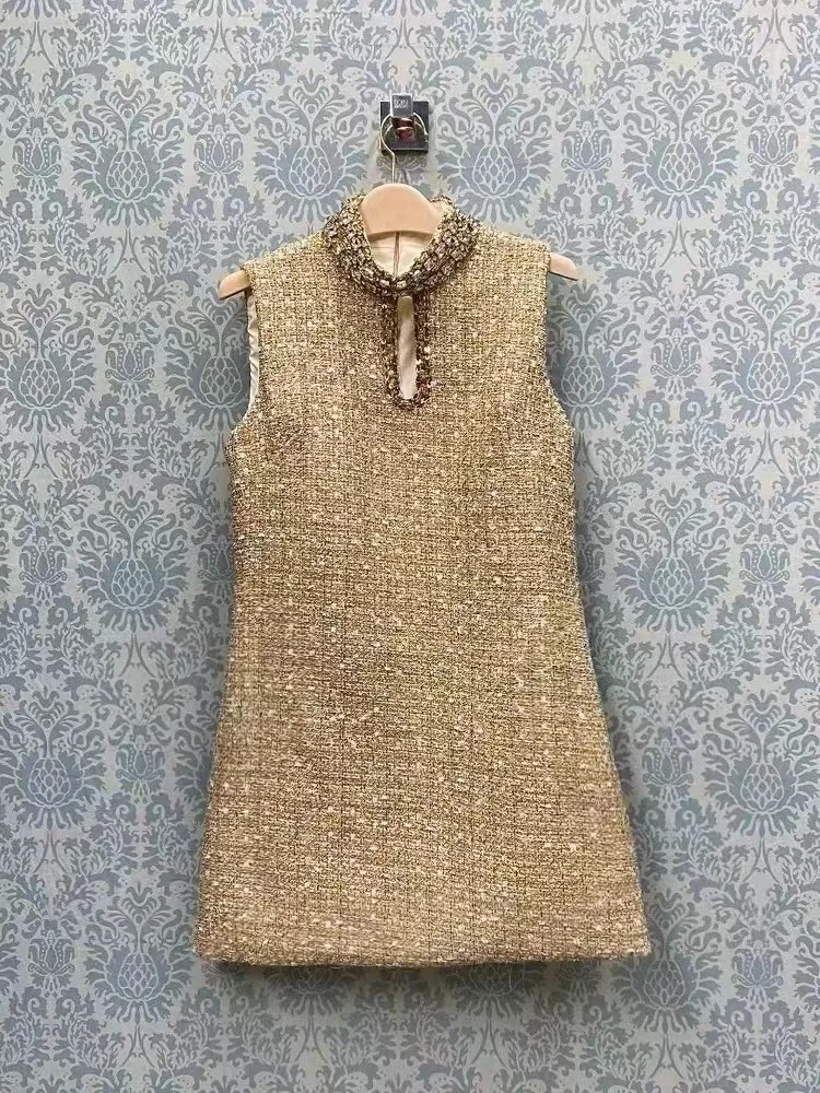 Luxury Tweed Dresses Women 2025 Spring Autumn Sleeveless Tank Crystal Short Hollow Out Party Dress