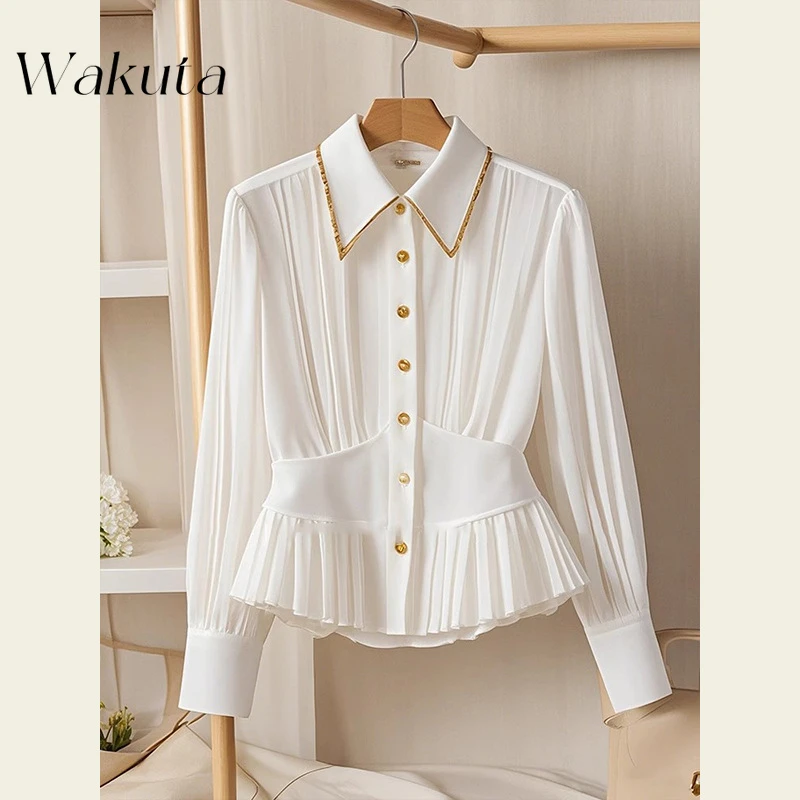 WAKUTA Elegant Lapel Long-sleeved White Shirt Lady Style Chic Pleated Single-breasted Slim Commuter Shirt Victorian Blouse White