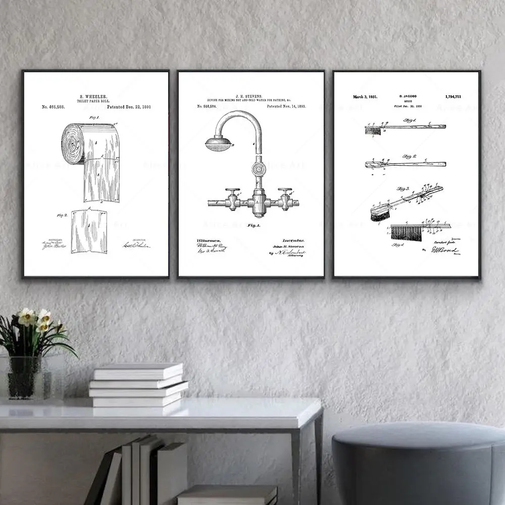 Vintage Posters Bathroom Patents Blueprints Wall Art Prints Toilet Roll Cistern Lavatory Design Canvas Painting Bathroom Decor