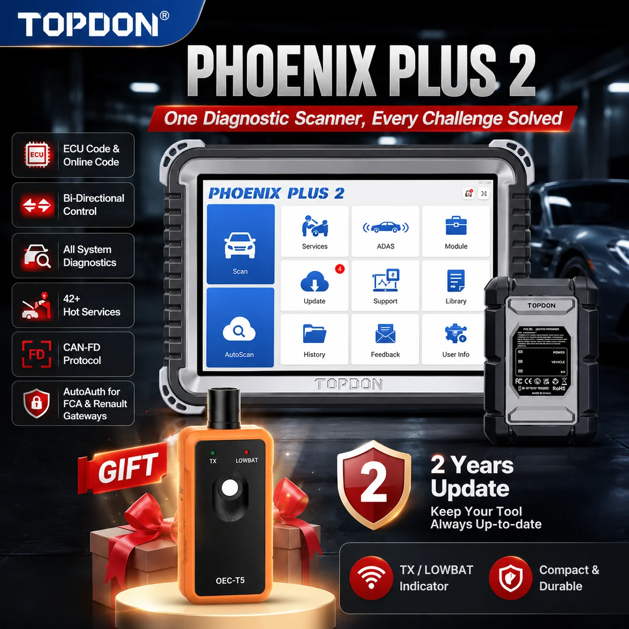 TOPDON TOPDON Phoenix Plus 2 Car Diagnostic Scan Tool Topology Map Bi‑Directional Scanner Full System OBD2 Reader CAN‑FD Protocol 42+ Maintenance Services Wireless Diagnosis 2‑Year Free Software Update - Aliexpress Deal