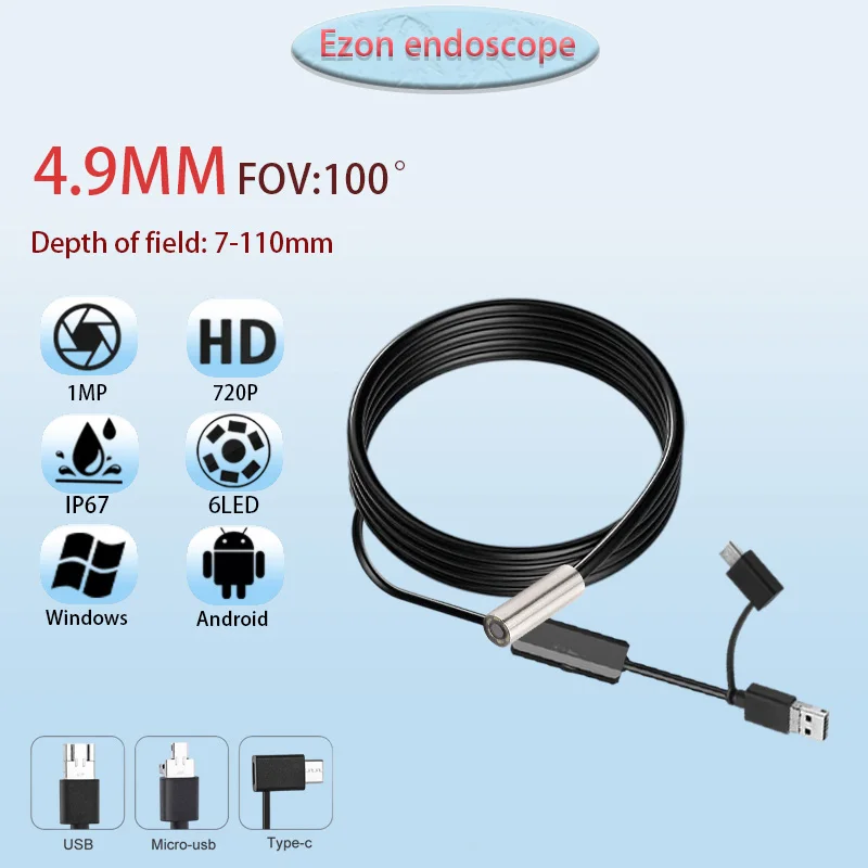 

1 МП 4,9 мм FOV 100 ° Широкоугольная HD эндоскопическая камера для проверки трубопровода 1,5 м USB Type-C Android 3-в-1 эндоскопическая камера