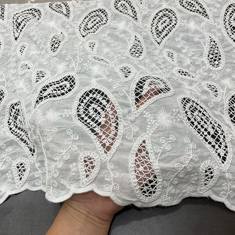 Water-soluble embroidered lace cotton fabric with hollow laser cord embroidery for dress designer fabric, sold by the yard