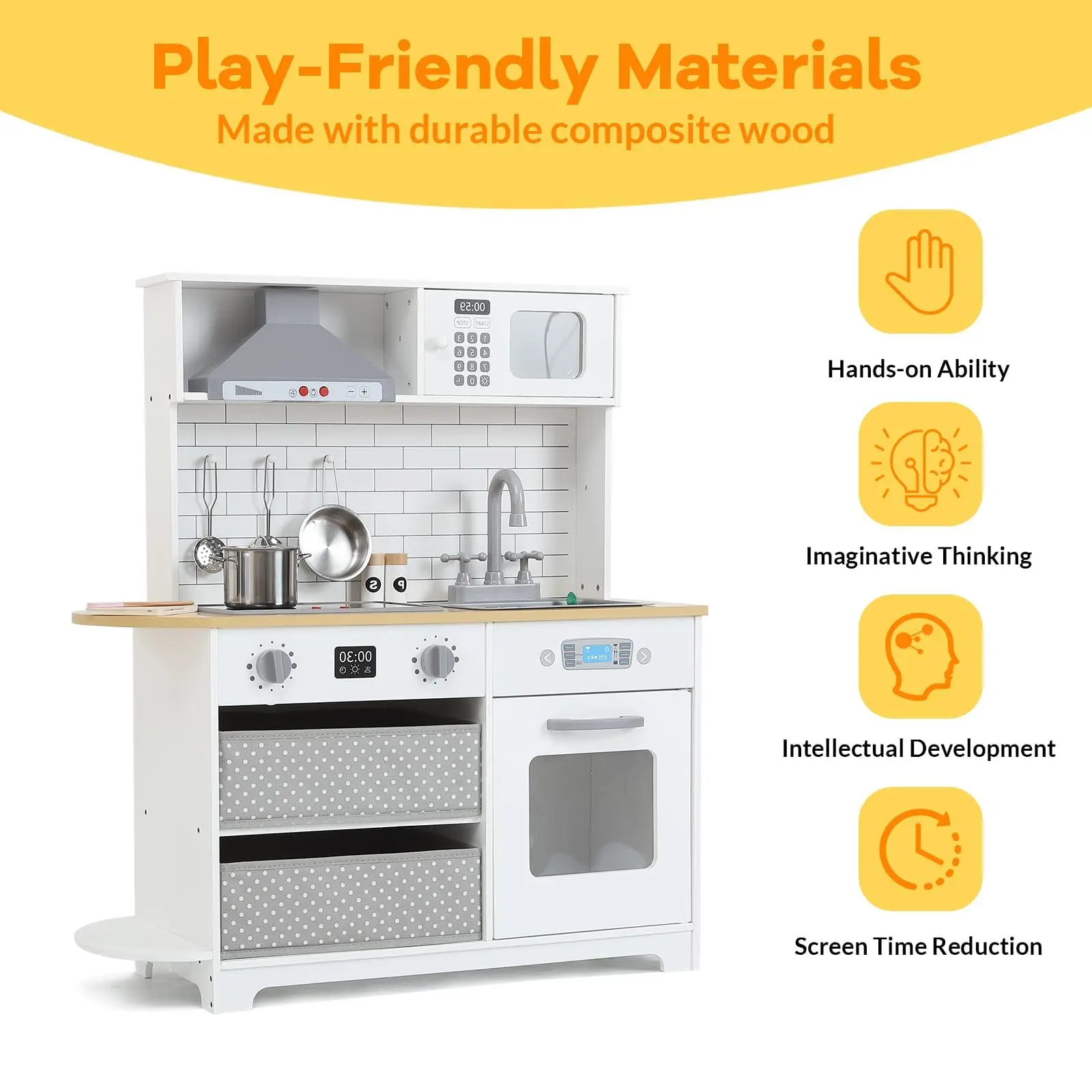Modern Wooden Play Kitchen Set for Kids, 33.4'' Pretend Kitchen with Toy Storage, Realistic Lights & Sounds, Chef Playset with Cookware Accessories, Perfect Toddler Kitchen Toy for Boys & Girls Ages 3+