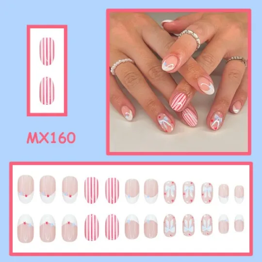 Machine printed 24 pieces of pink bow armor suitable for year-round wear polka dot Medium-Length Press-one-Nails Wholesale