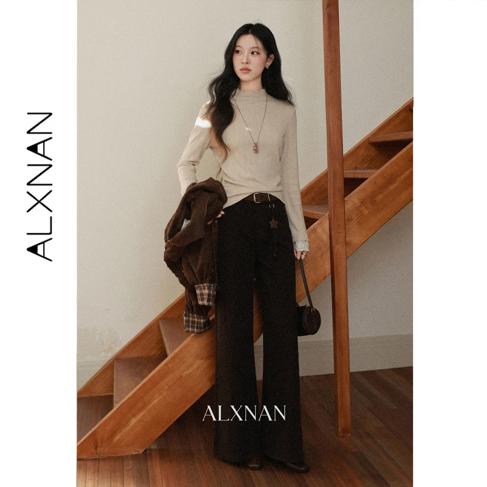 ALXNAN Vintage Maillard Brown Jeans for Women Fall Winter Straight Loose-fit Long Pants 2026 Fashion Baggy Wide-leg Pants L68607