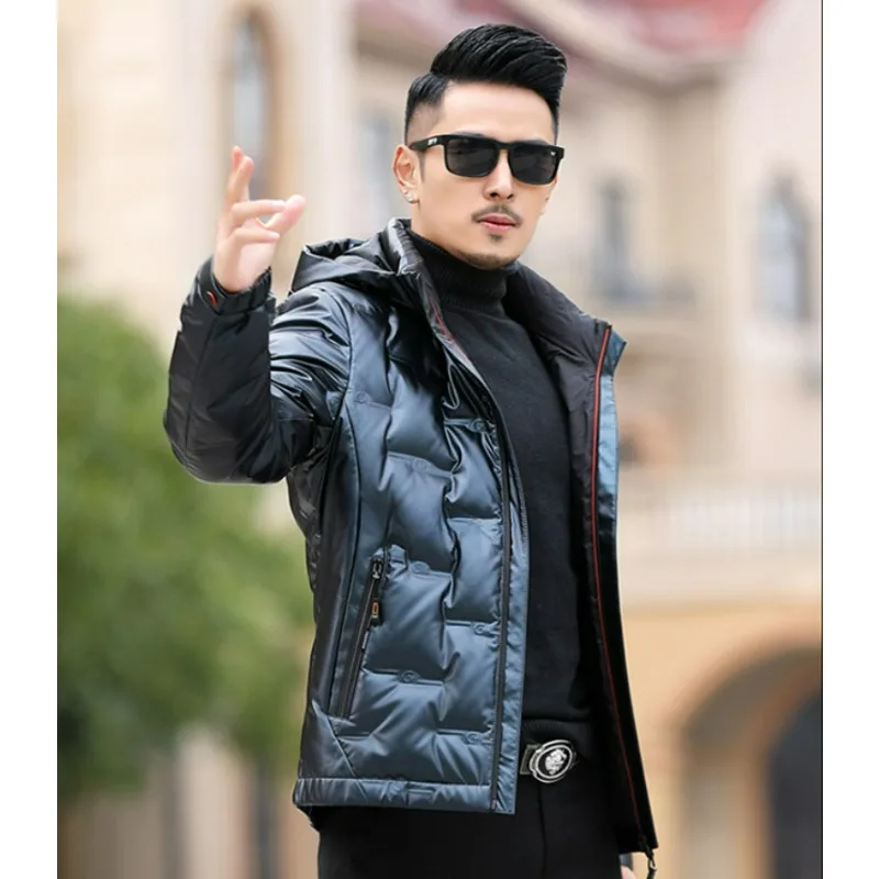 Jaket Hoodie Bulu Angsa untuk Pria Musim Dingin Model Baru Trendi untuk Usia Paruh Baya dan Muda, Mengkilap, Tidak Perlu Dicuci, Tebal, Hangat, dan Kasual