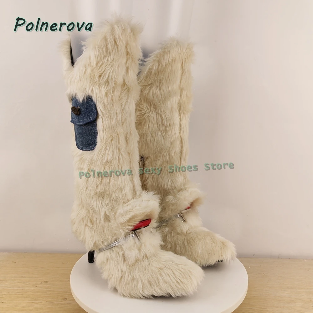 White Fur Pocket Fashion Boots Pointed Toed Stiletto Patchwork Women Snow Knee High Boots 2025 Street Style New Arrivals Winter