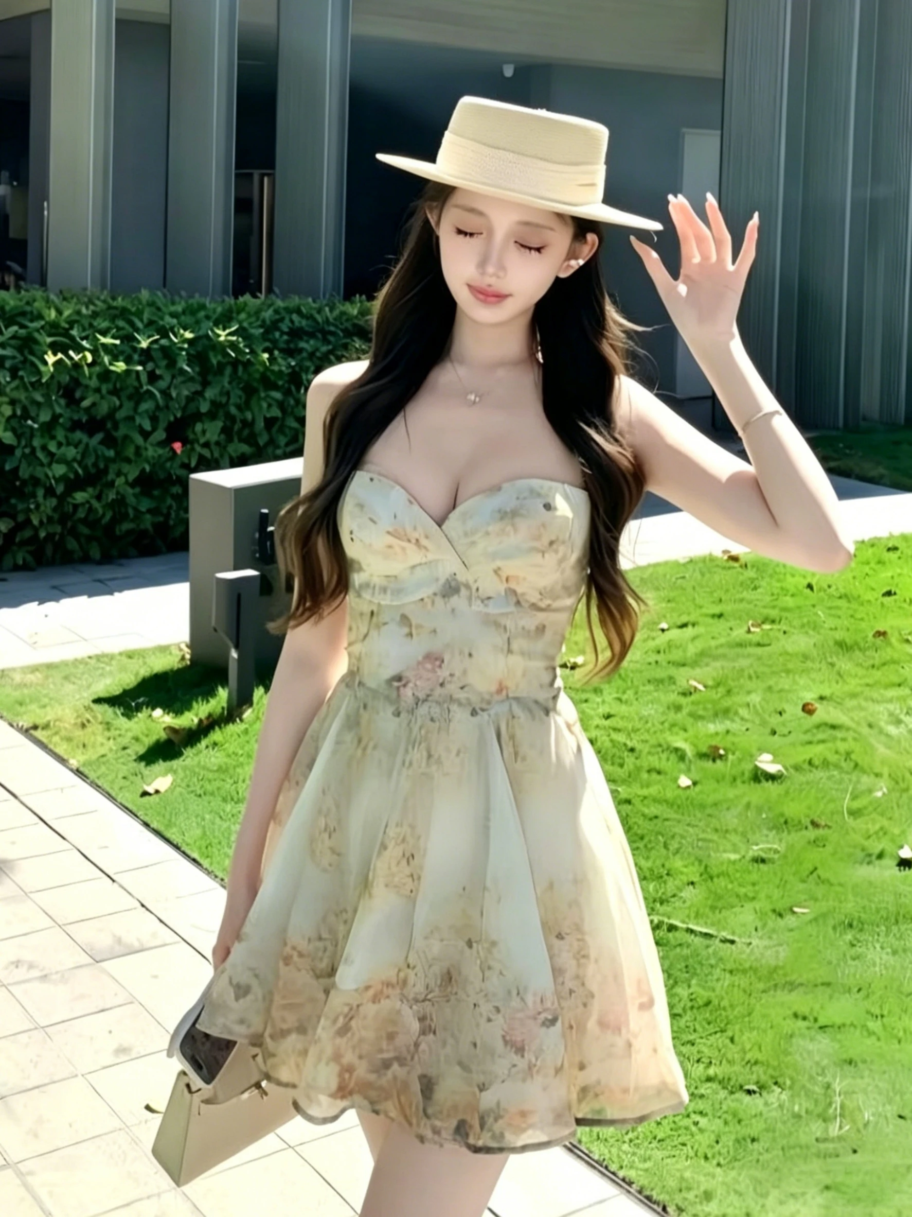 

Summer Elegant Floral Print Mini Dress Women Sweetheart Neck Sleeveless A Line Sundress Birthday Party Cocktail Outfits