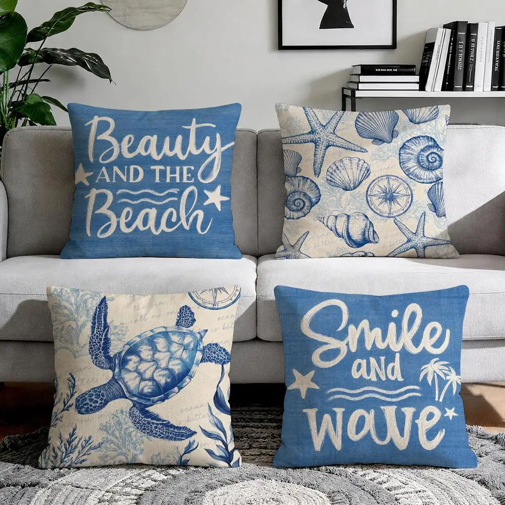 Blue Retro marine life Cushion Cover Natural Breathable Durable Linen Printed Decor Pillow Case Sofa Bedroom