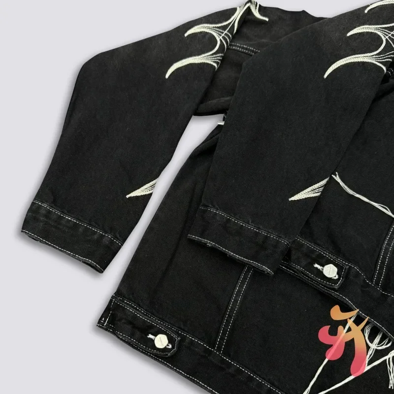 24FW Thug Club Jacket Metal Stars Moons Logo Embroidered Tassel Pocket Washed Black Denim Coats Street Jeans Men Women Set