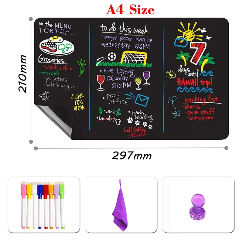 A4 Magnetic Blackboard for Kids - Dust-Free Chalkboard Fridge Sticker Bulletin Board Weekly Planner Calendar