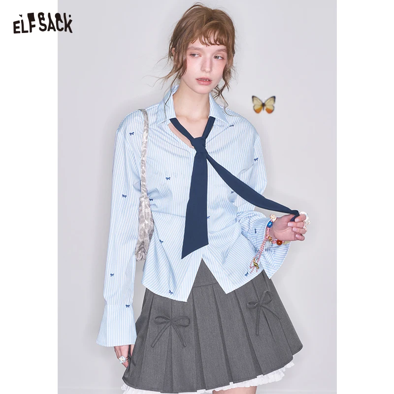 ELFSACK 2025 Spring New Arrivals Blue White Striped Butterfly Embroidery Shirt Women Preppy Style Slim Fit Single Breasted Top