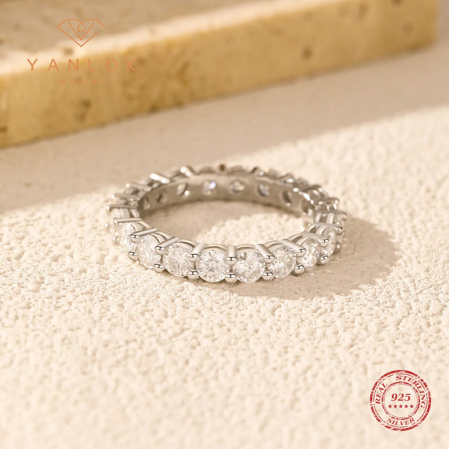

YANLOK 925 Sterling Silver Luxury High Clarity Round Moissanite Eternity Band Rings For Women Engagement Fine Jewelry